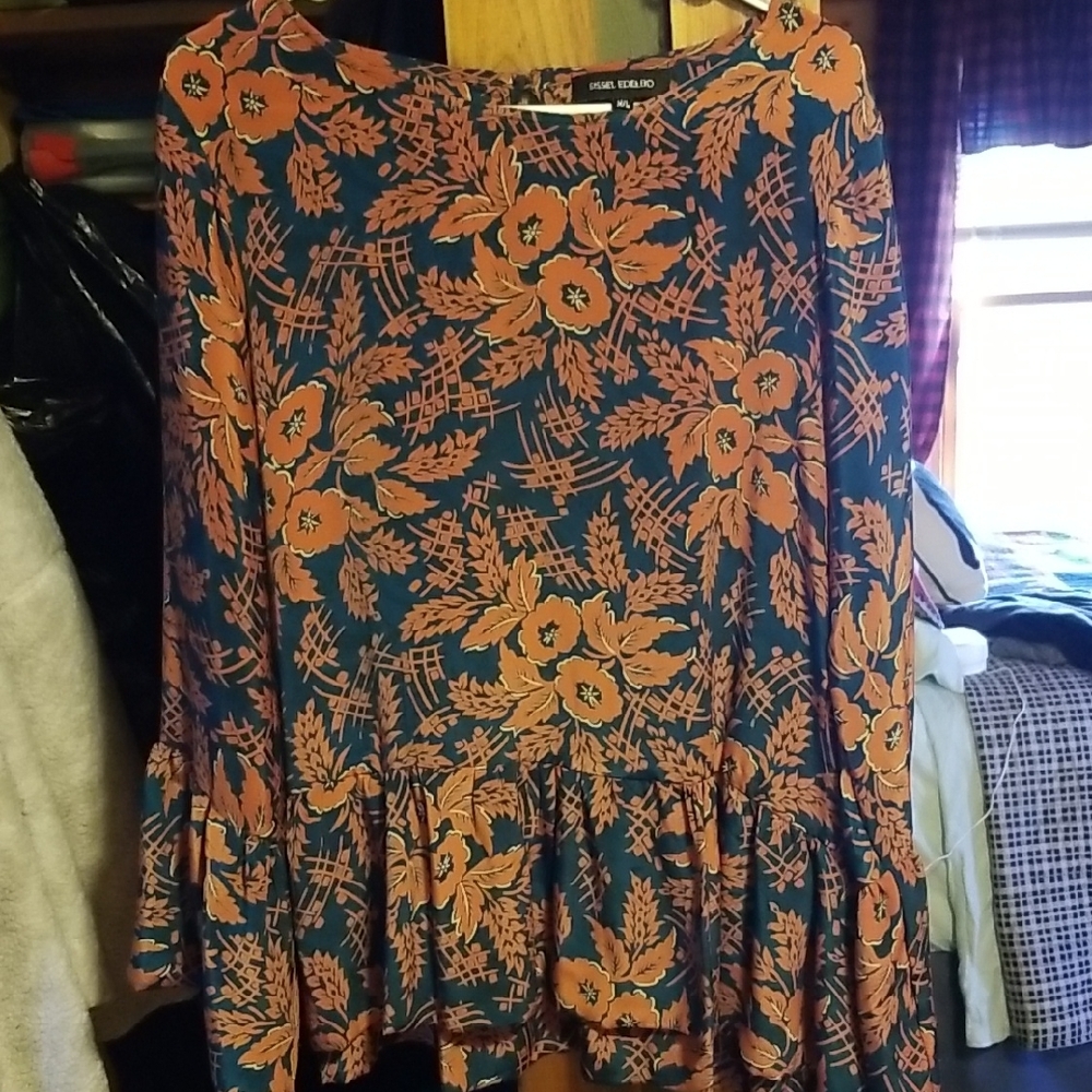 Floral Print Top in Blue and Orange